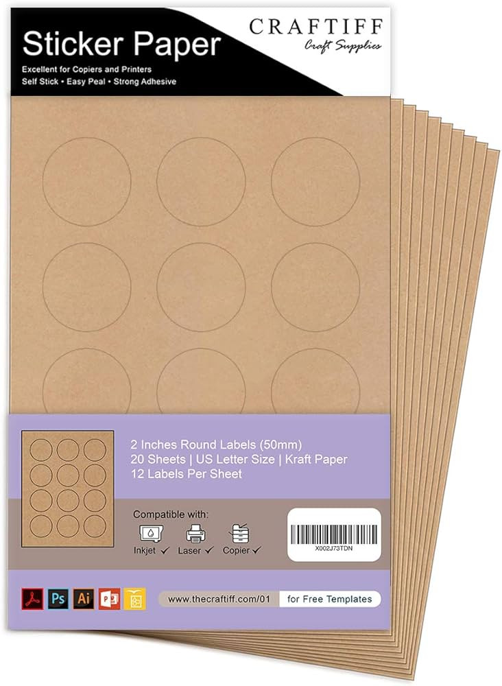 Round Kraft Labels Stickers Printable Paper Brown Color - 2 inches - Pack of 240 Labels - 20 Shee... | Amazon (US)