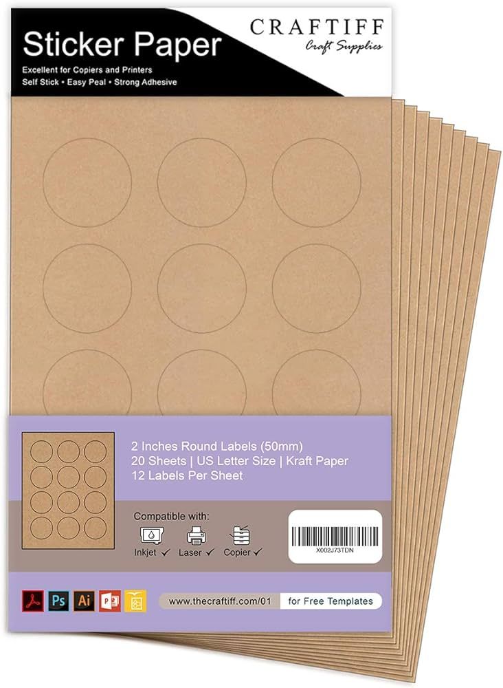 Round Kraft Labels Stickers Printable Paper Brown Color - 2 inches - Pack of 240 Labels - 20 Shee... | Amazon (US)