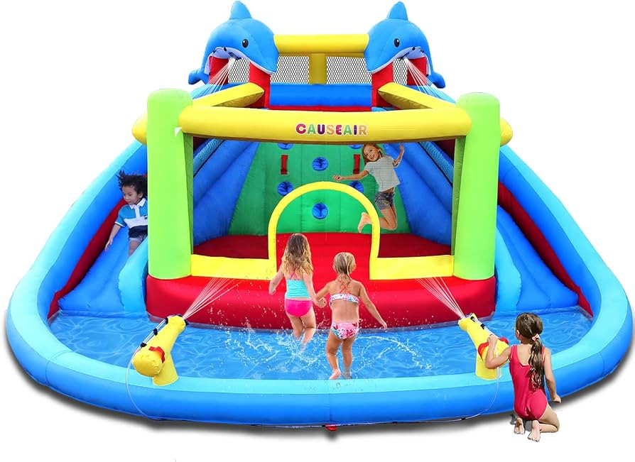 Inflatable Water Slide with Bounce House,Double Water Cannon,Climbing Wall,Dolphin Styling,Splash... | Amazon (US)