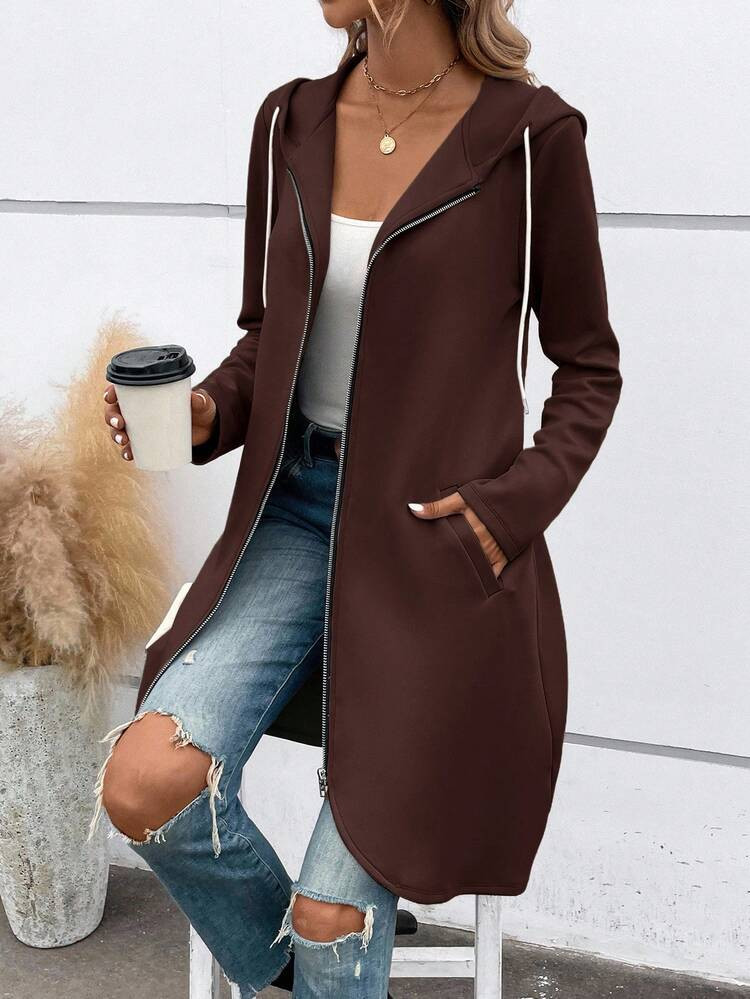 SHEIN LUNE Women's Casual Solid Color Hooded Regular Jacket Women Fall Jacket Brown Hooded Cardigan Long Zip Up Hoodie Duster Cardigan Long Cardigan For Women,Brown Jacket | SHEIN