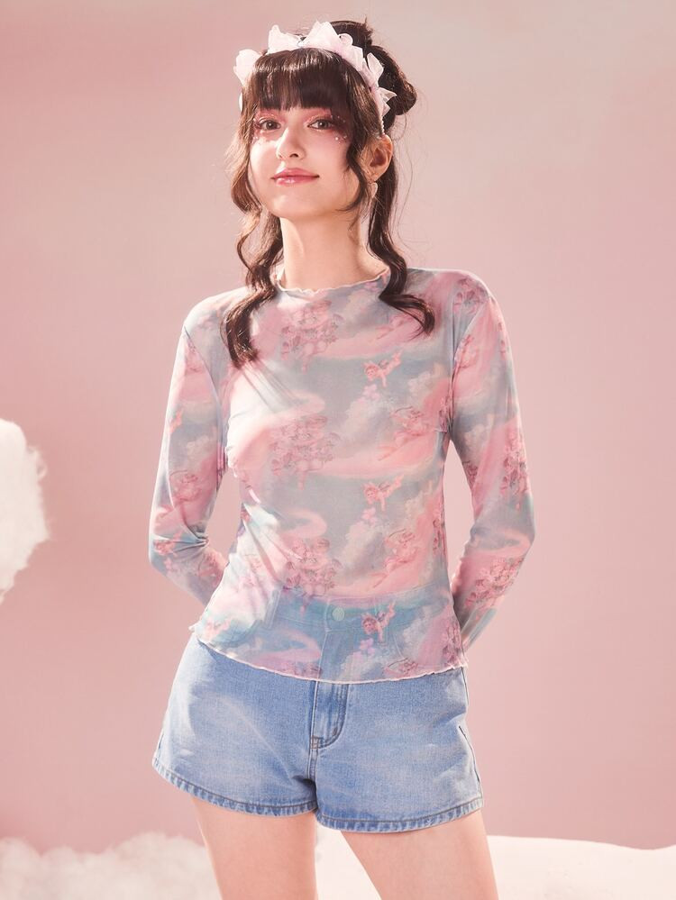 ROMWE Sweetness Angel Graphic Mesh Top | SHEIN