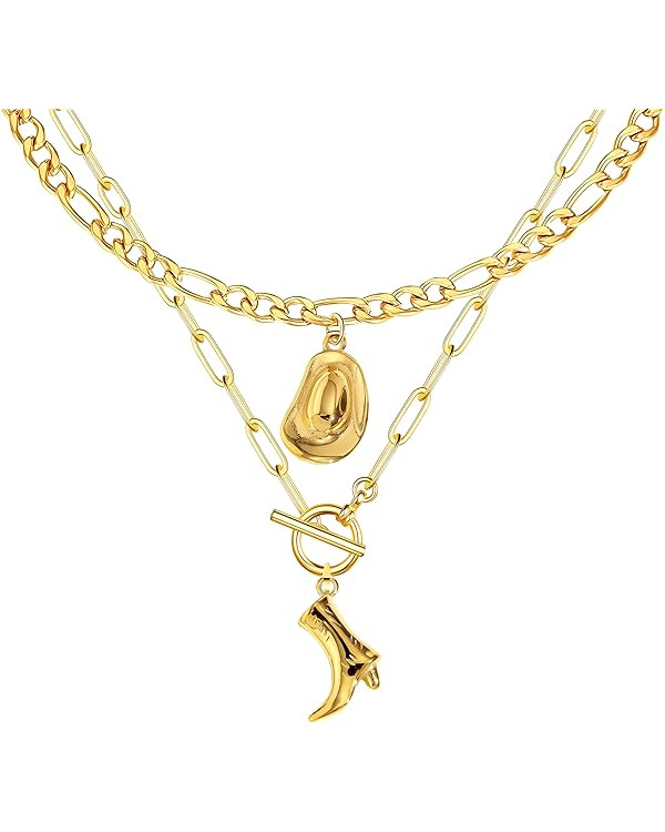 Cowgirl Hat Boots Pendant Gold Necklace for Women, Chunky Chain Western Jewelry | Amazon (US)