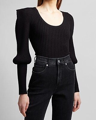 Ribbed Sharp Shoulder Blouson Sleeve Sweater Black Women's XL | Express