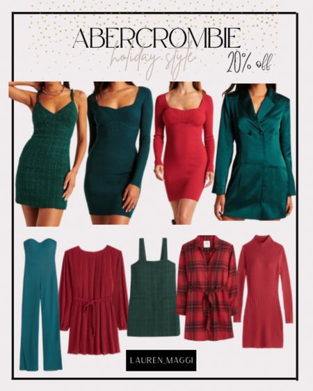 Abercrombie and Fitch. 20% off sale! Holiday style. Red dress. Green dress. Holiday outfit. Holiday dress. Christmas dress. Date night  

#LTKHoliday #LTKsalealert #LTKxAF