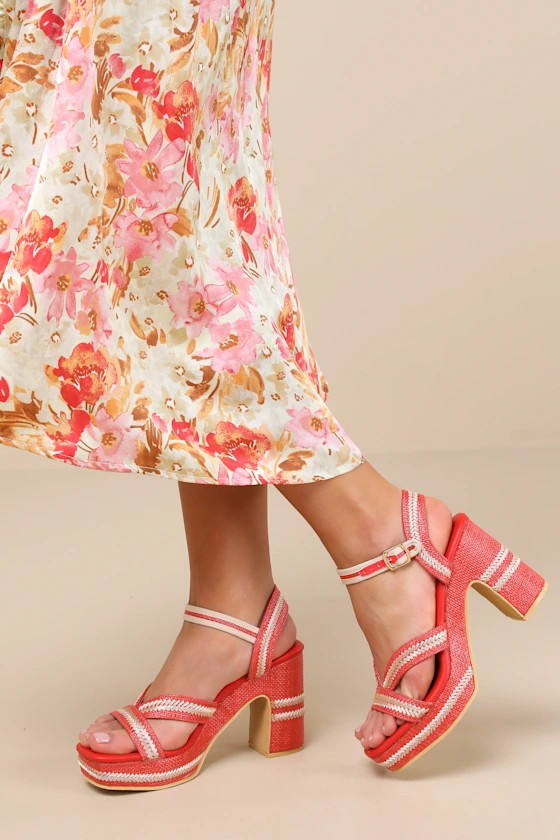 Adelaide Red Raffia Embroidered Platform Ankle Strap Sandals | Lulus