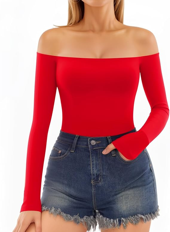 MANGOPOP Off The Shoulder Tops for Women Sexy Long Sleeve T Shirt Slim Fitted Tee Going Out Tops | Amazon (US)