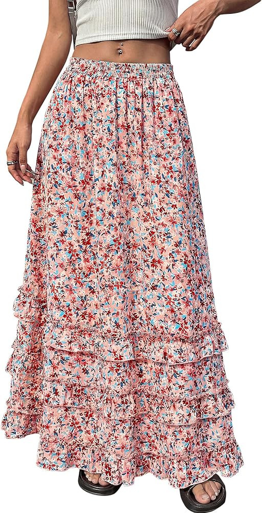 BTFBM Skirts for Women Summer Flowy A-Line Floral Boho Maxi Skirt Long Wedding Guest Dresses Spri... | Amazon (US)