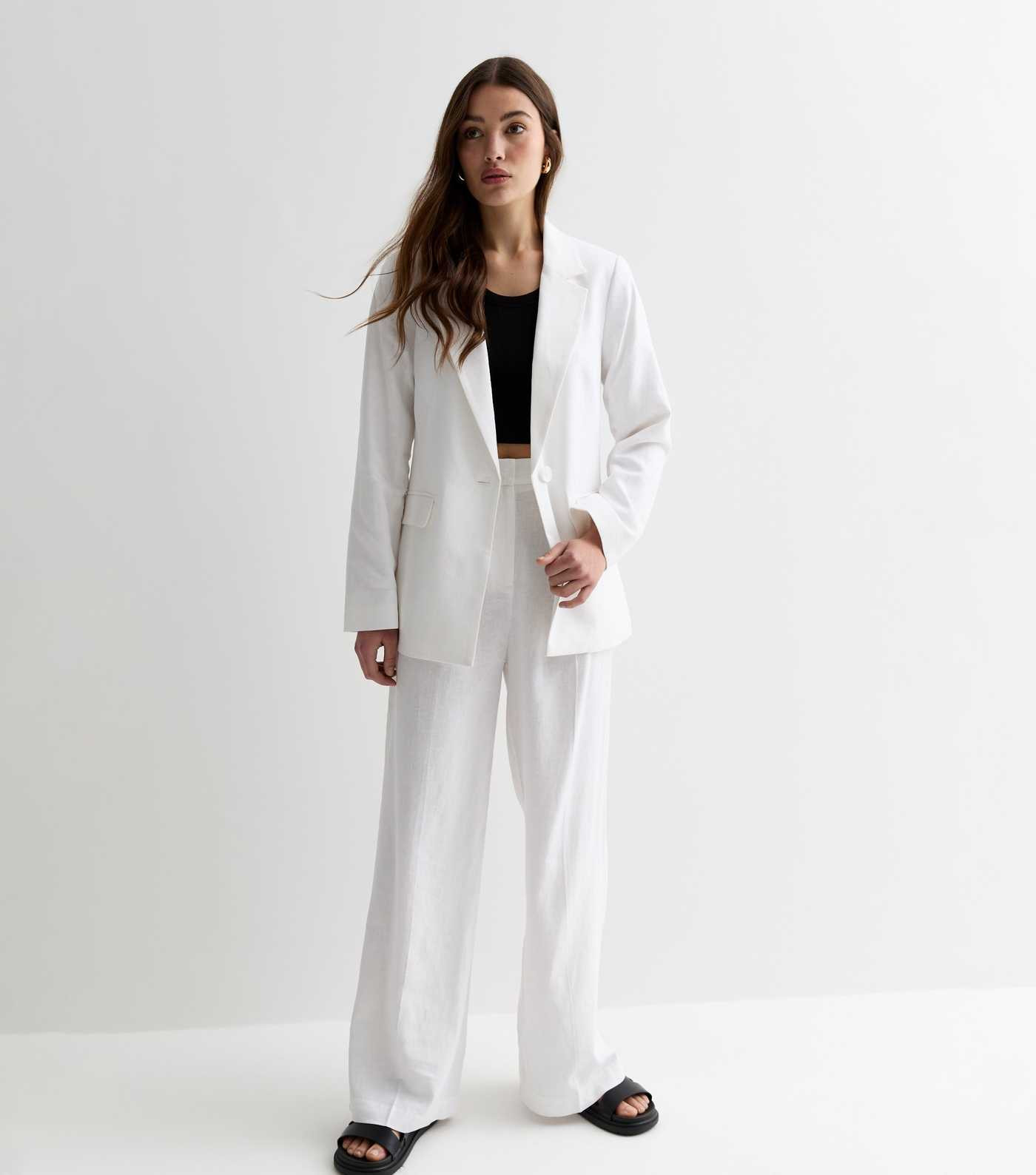 White Linen-Blend Wide-Leg Tailored Trousers | New Look | New Look (UK)