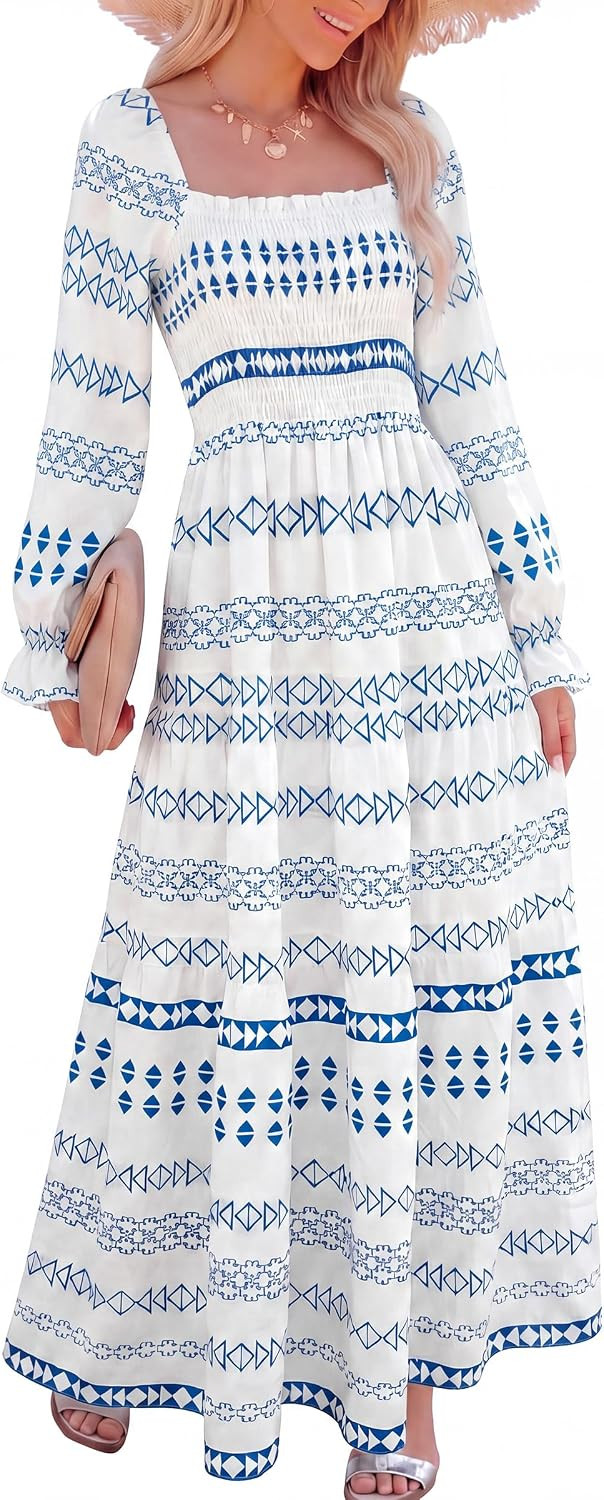 Caracilia Women Long Sleeve Square Neck Floral Fall Maxi Dress with Pockets | Amazon (US)
