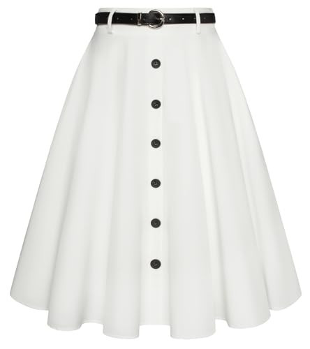 Belle Poque Skirts Womens Casual Button Front A Line Skirts Belted High Waist Midi Skirt with Pockets Off-White M | Amazon (US)