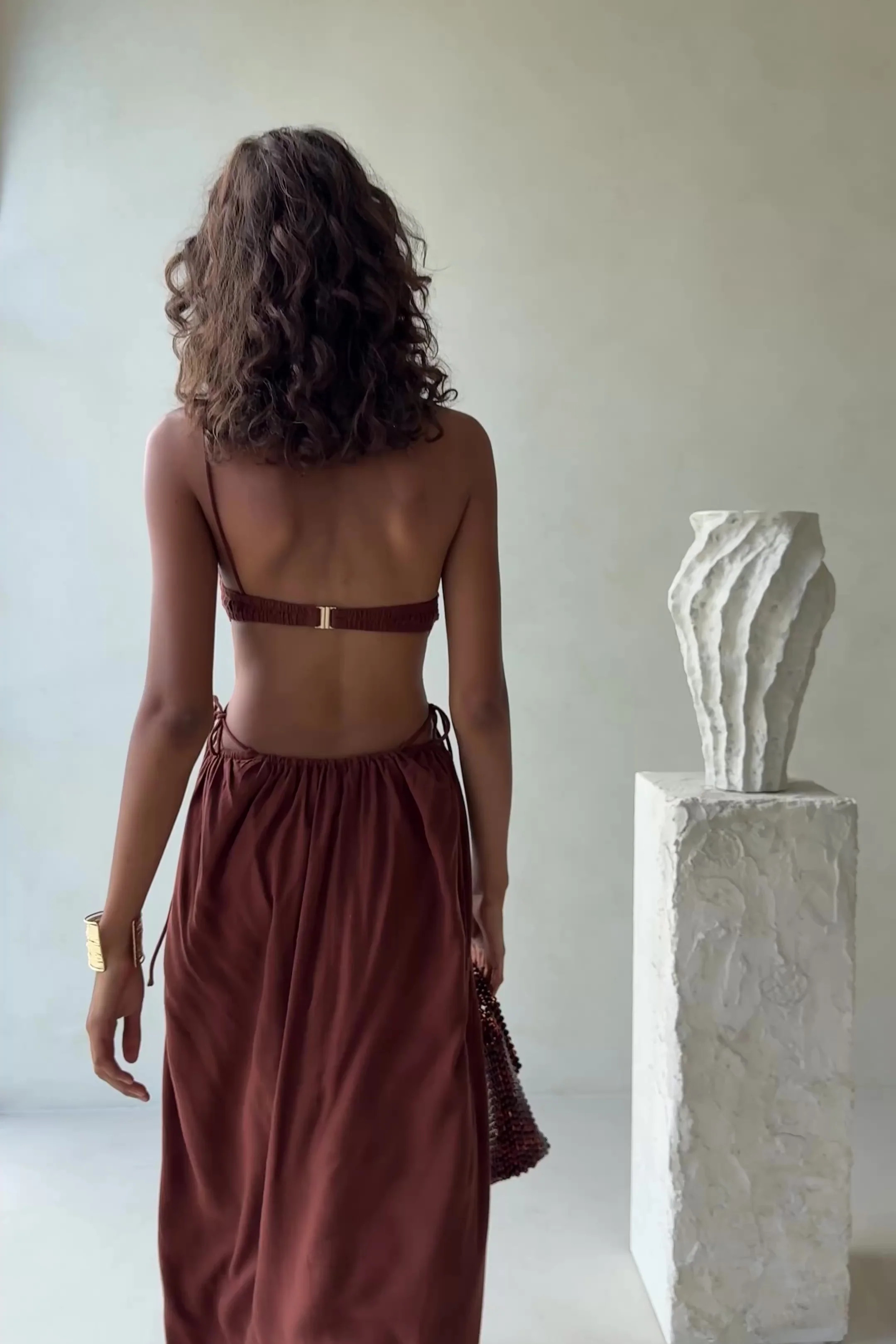 Chocolate Brown Asymmetric Backless Maxi Mahya Dress | Sabo Skirt US