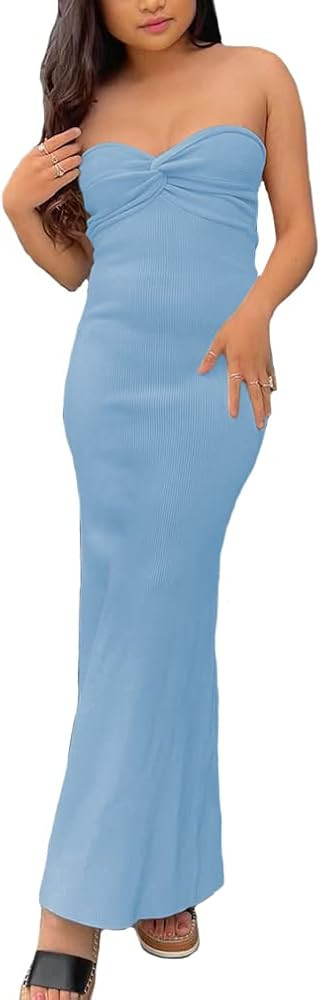 Sdencin Women Sexy Twist Knot Front Ribbed Knit Bodycon Bandeau Tube Dress Casual Solid Strapless... | Amazon (US)