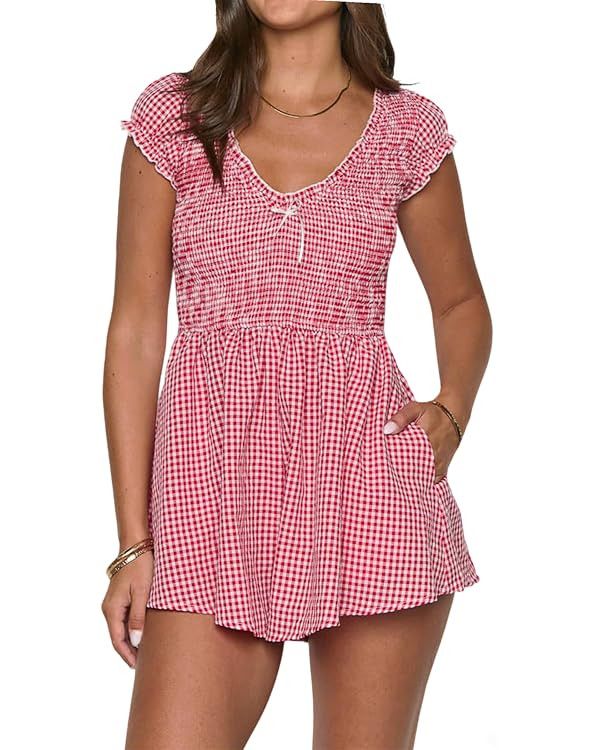 Summer Cute Gingham Shorts Romper Women Dressy Casual Boho Plaid Smocked Jumpsuit for Beach Vacat... | Amazon (US)