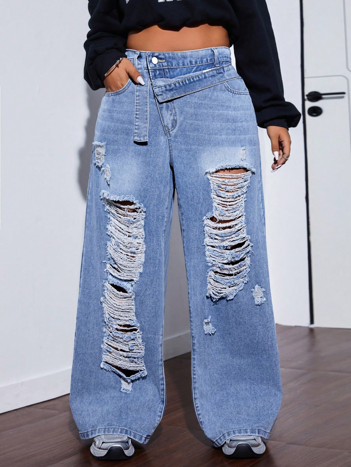 SHEIN ICON Plus Size Women's Loose Fit Ripped Pocket Wide Leg Casual Jeans | SHEIN USA | SHEIN