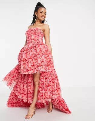 Lace & Beads exclusive high low tulle maxi dress in red floral | ASOS (Global)
