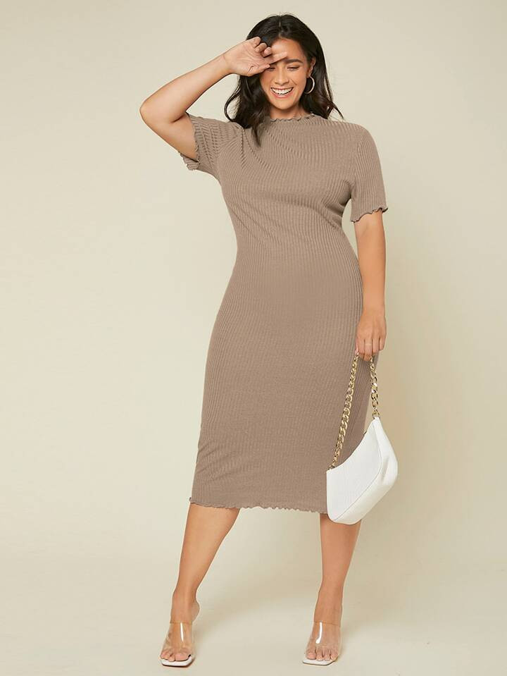 SHEIN BASICS Plus Lettuce Trim Rib Knit Bodycon Dress | SHEIN
