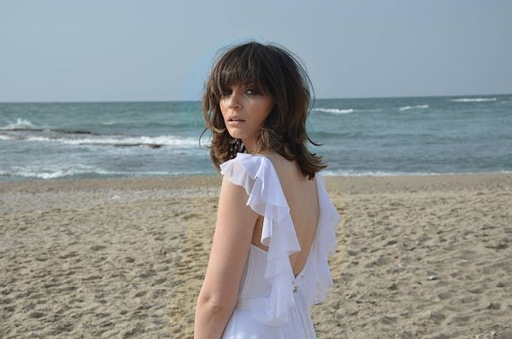 Romantic wedding dress ruffled delicate sleeves and low back | Etsy (US)