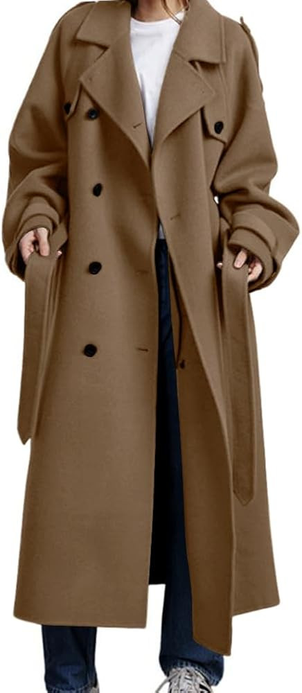 chouyatou Women's Winter Double Breasted Wool Coat Long Sleeve Notch Lapel Midi Long Winter Trenc... | Amazon (US)