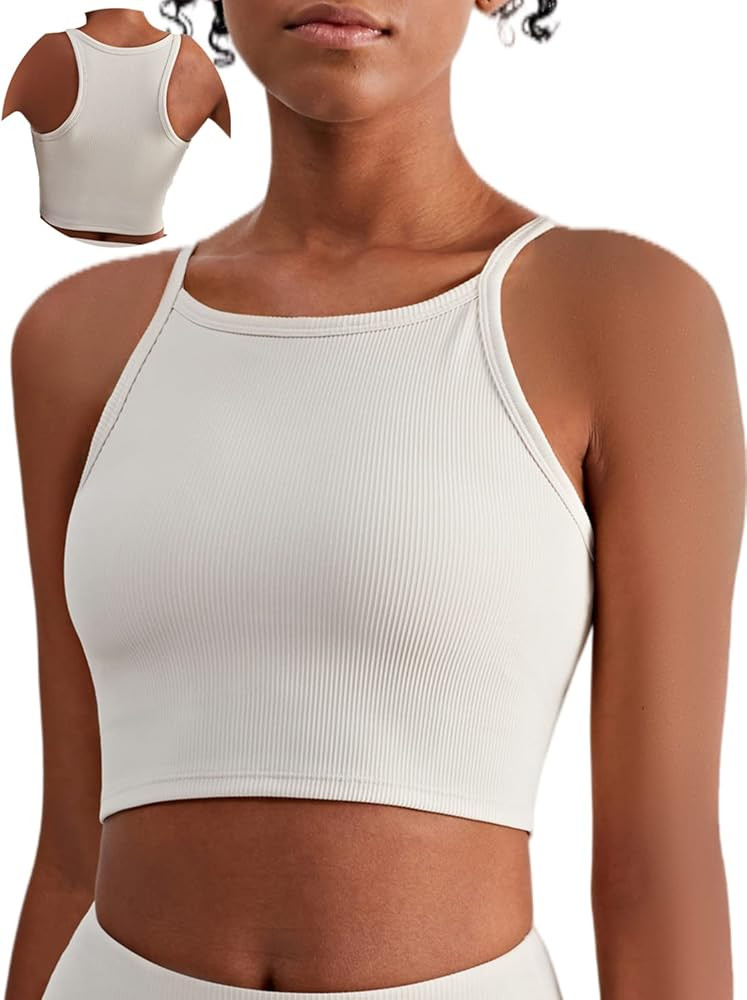 KIKIWING High Neck Sports Bra Workout Crop Tops for Women Long Lined Sports Bra Ribbed Sports Bra Pa | Amazon (US)