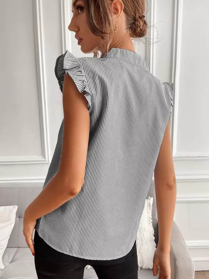 SHEIN VCAY Striped Ruffle Cap Sleeve Blouse | SHEIN
