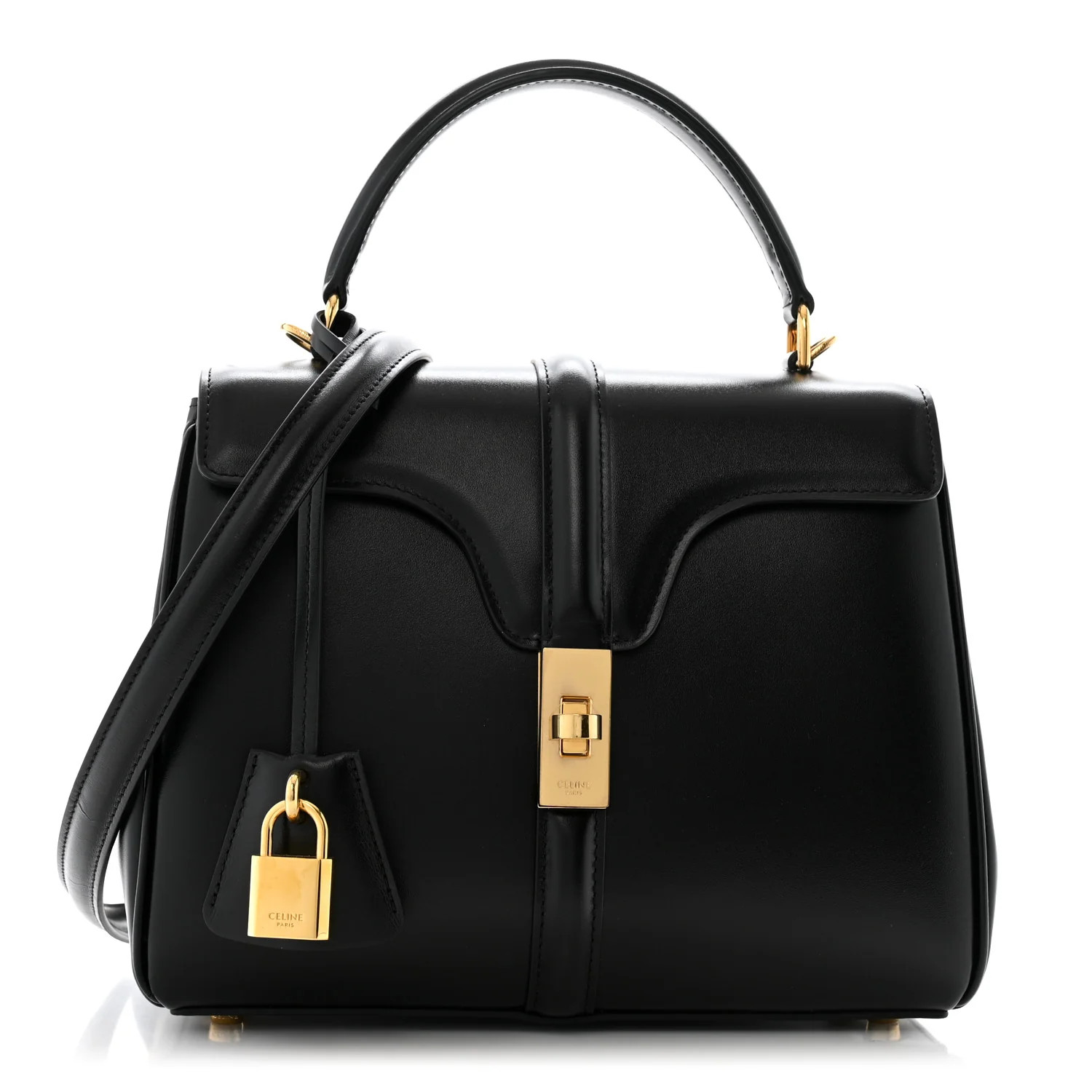 Celine Satinated Calfskin Small 16 Top Handle Bag Black | FASHIONPHILE (US)