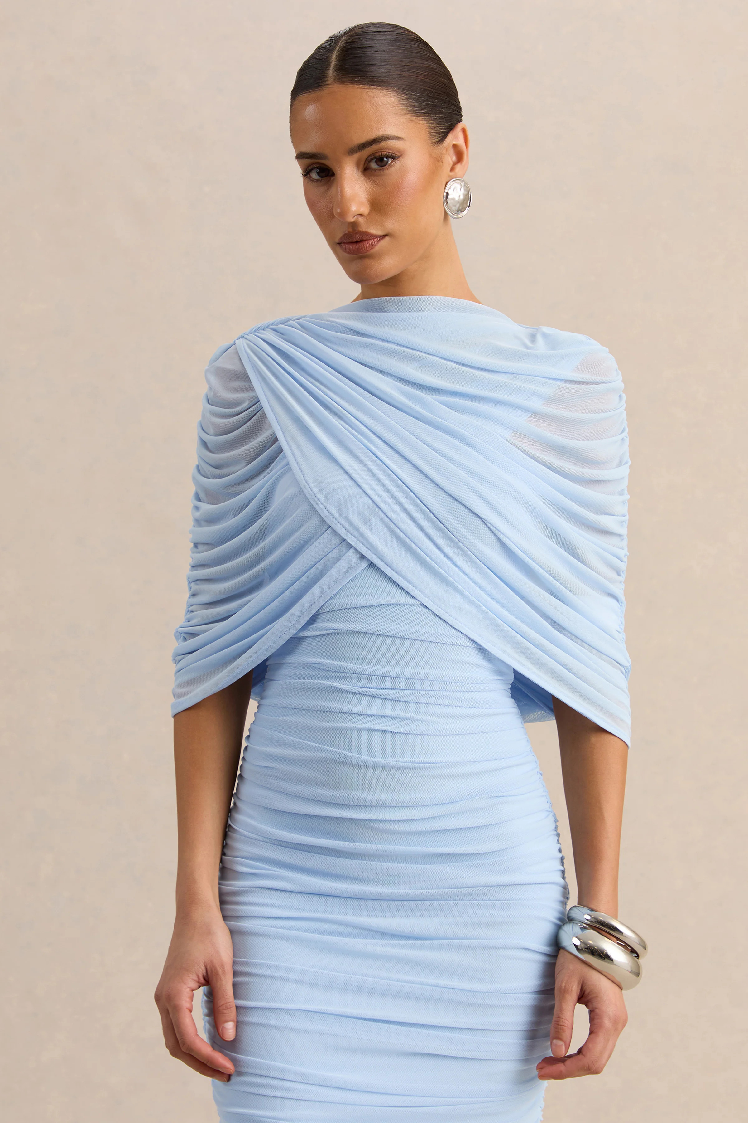 Magoria | Powder Blue Mesh Round-Neck Cape | Club L London
