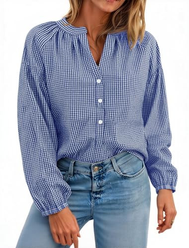 Cicy Bell Womens Gingham Blouse Puff Long Sleeve Plaid Shirts Loose Fit Top | Amazon (US)