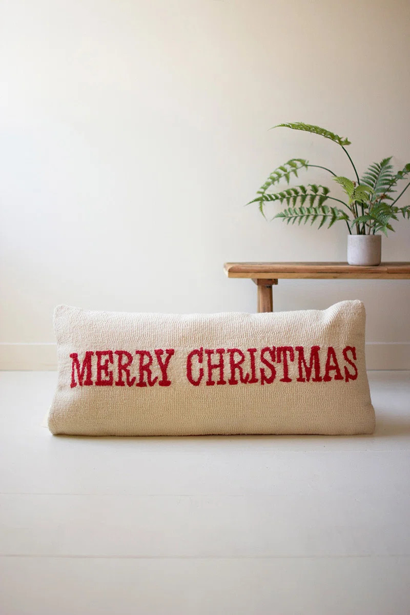 Kalalou Merry Christmas Hand-Hooked Pillow 14"H White and Red Textured Wool | Wayfair North America