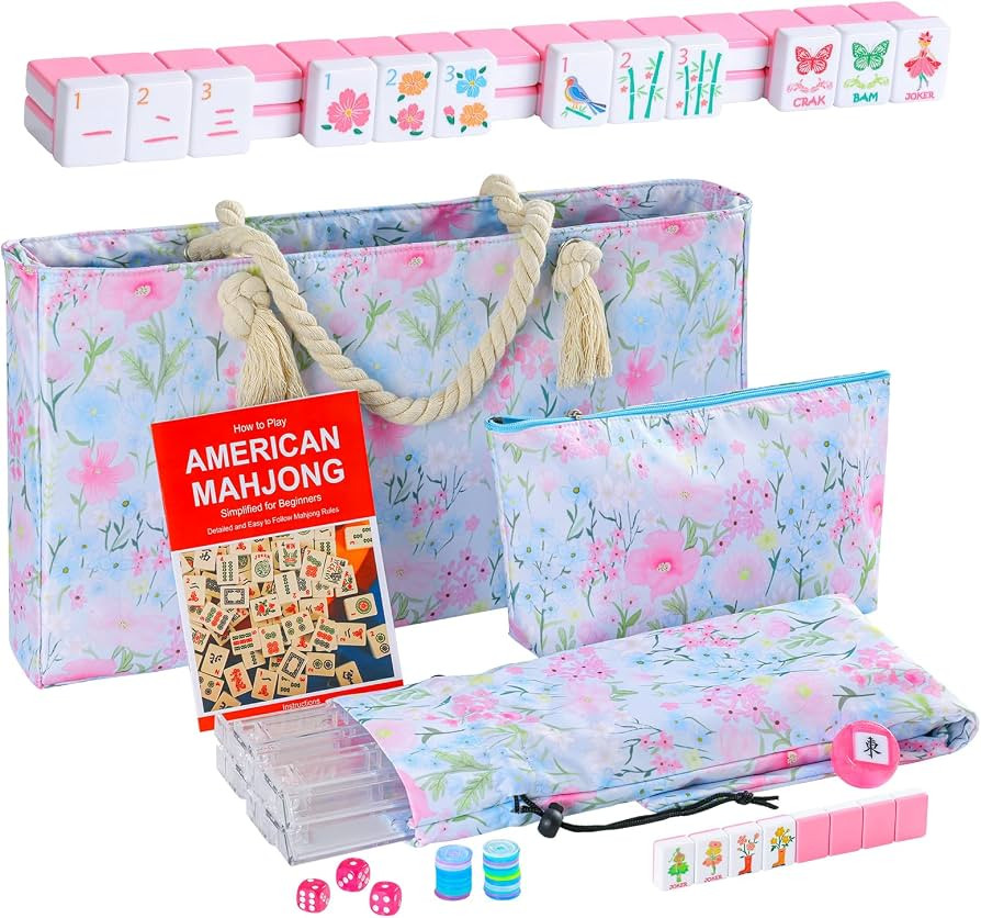 2026 American Mahjong Set Complete with Blue Carrying Bag, 160 Pink Cute Mahjong Tiles, 4 All-in-... | Amazon (US)