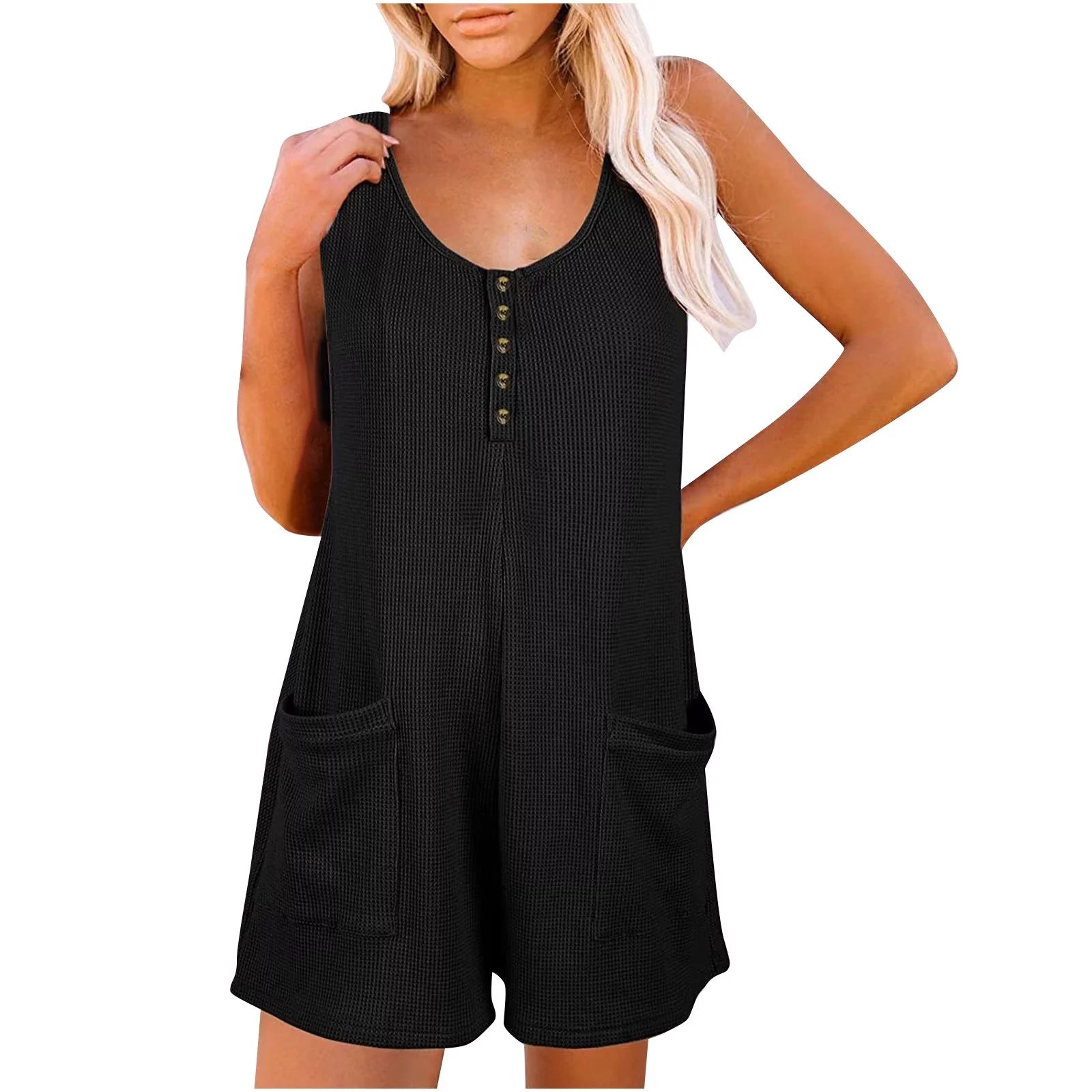 Jumpsuit for Women Scoop Solid Neck Sleeveless Shorts Casual Buttons Short Jumpsuit Rompers With ... | Walmart (US)