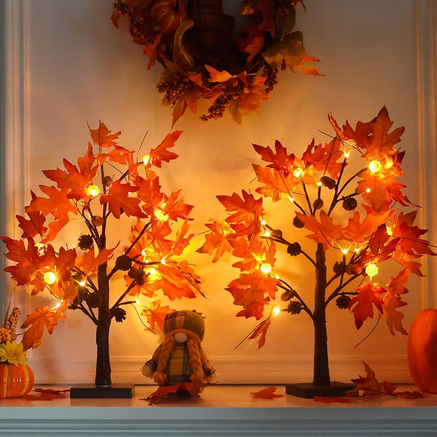 YEAHOME Fall Decorations for Home, 2 Pack 24”/2FT Lighted Fall Maple Leaves Tree with Warm Whit... | Amazon (US)