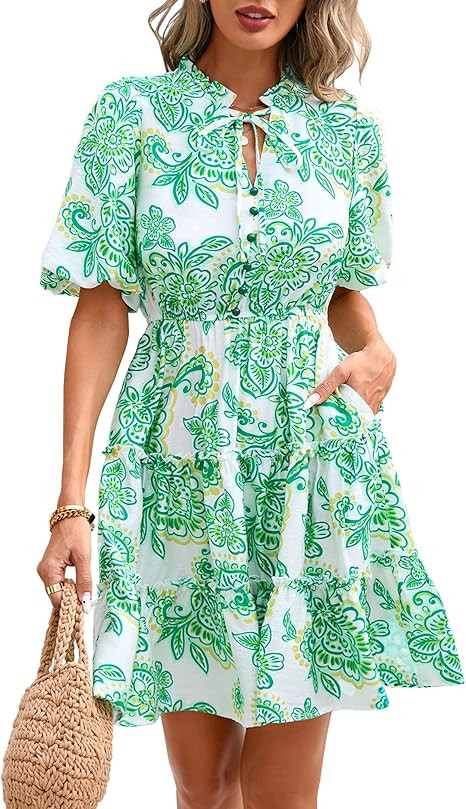 BTFBM Women Summer Floral Short Dresses V Neck Short Sleeve Tiered Ruffle Boho Swing Dress A-Line... | Amazon (US)