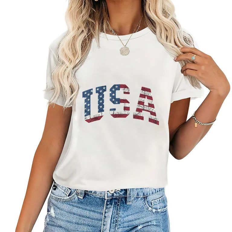 Usa Shirt Women Patriotic American Flag Distressed T-Shirt | Walmart (US)