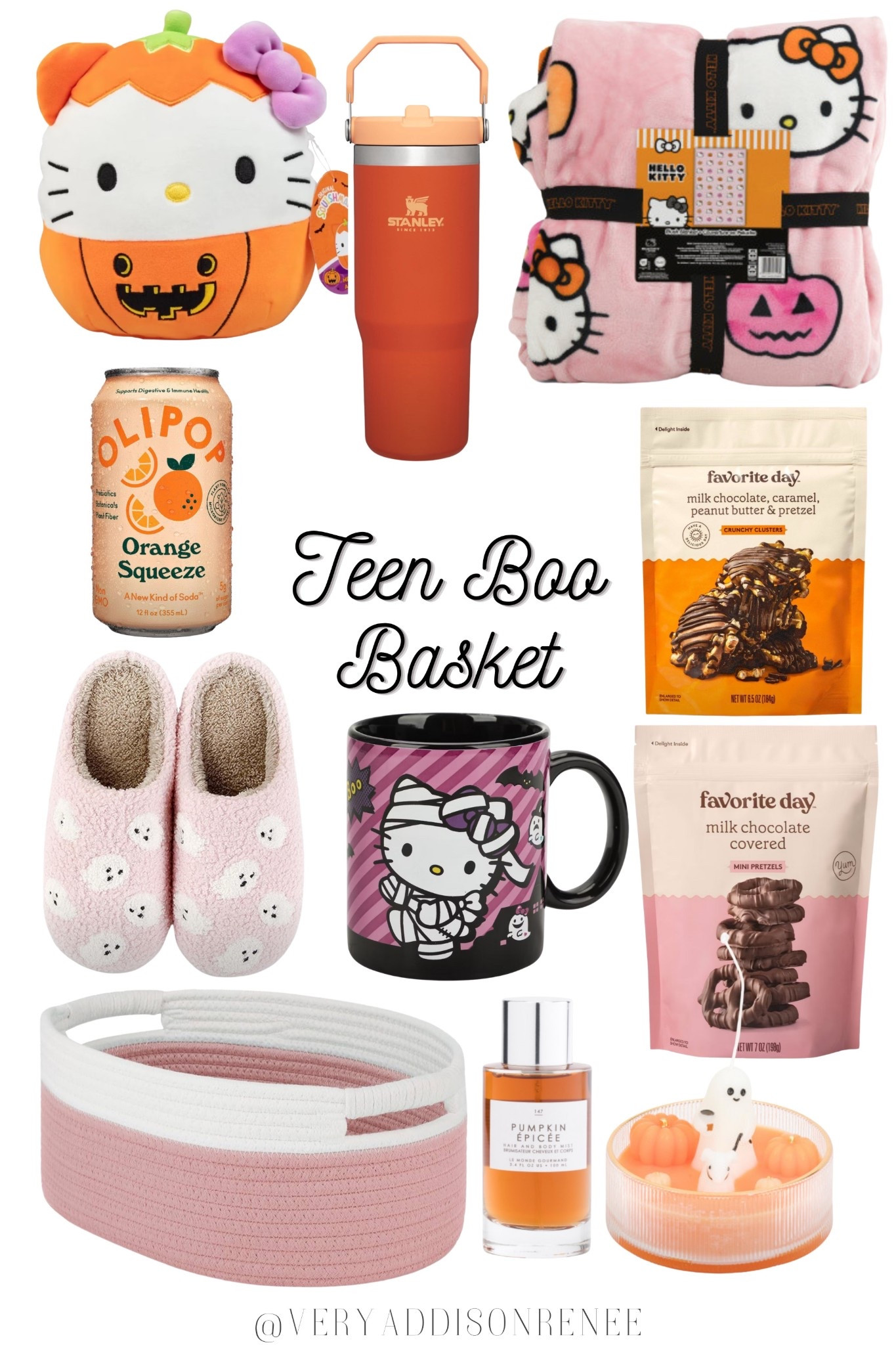 This Teen Boo Basket is packed with cozy Halloween finds and Target must-haves  the perfect gift idea for teens, tweens, or besties. Affordable, aesthetic, and TikTok-inspired, it’s the ultimate spooky season basket for 2025.

What’s inside this basket:
🧸 Hello Kitty pumpkin plush + pink Hello Kitty blanket
🥤 Stanley tumbler (orange) + Olipop Orange Squeeze soda
☕ Hello Kitty Halloween mug + ghost slippers
🧦 Fuzzy ghost slippers + cozy fall blanket
🍫 Favorite Day snacks (milk chocolate pretzels + caramel peanut clusters)
🧴 Pumpkin spice perfume spray
🕯️ Pumpkin ghost candle
🧺 Pink woven basket

This boo basket for teens makes the cutest Halloween 2025 gift — cozy fall essentials, spooky snacks, and aesthetic Target finds all in one 🎃🍂

#LTKU #LTKFindsUnder100 #LTKFindsUnder50