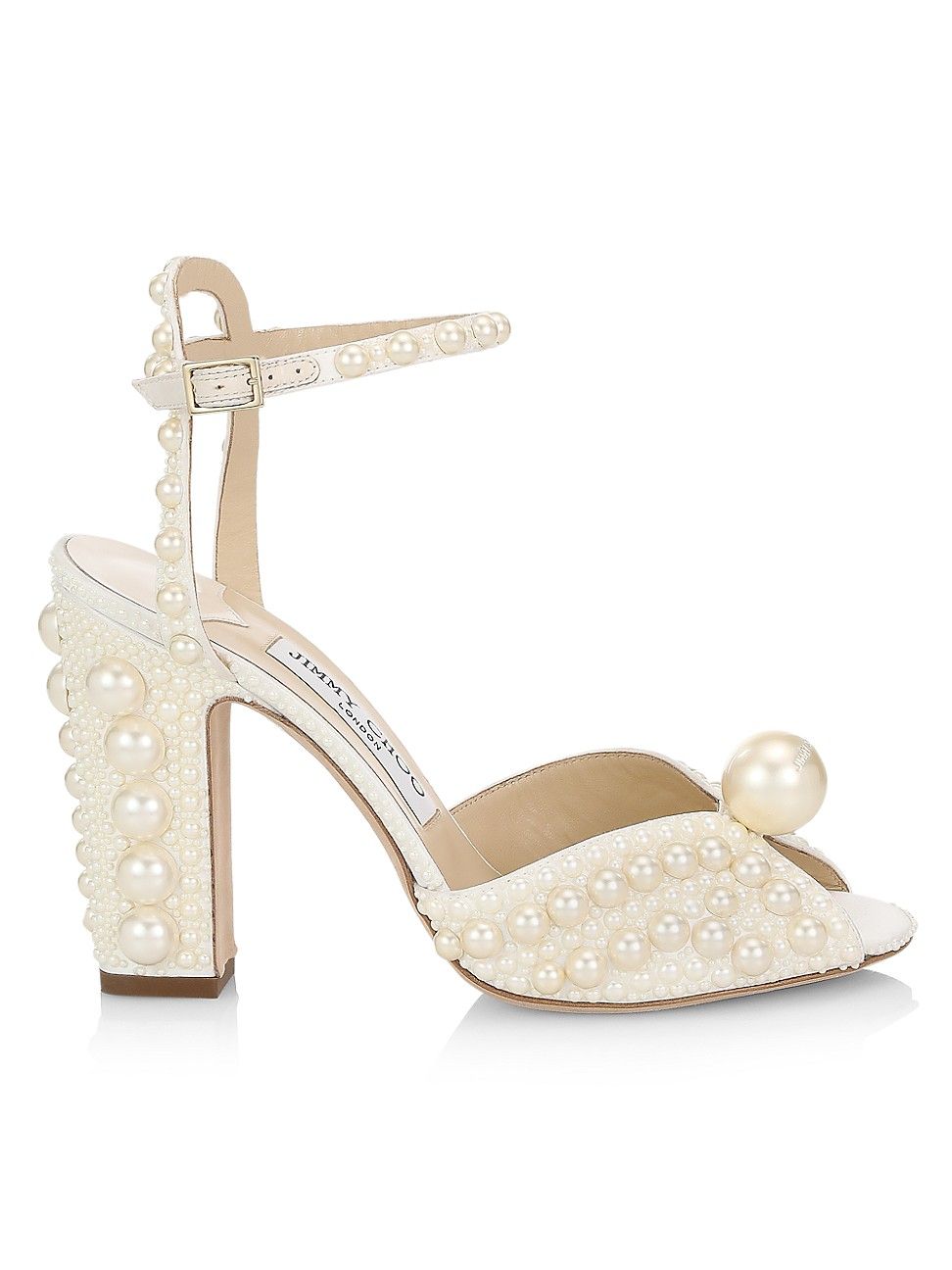 Jimmy Choo Sacaria Faux Pearl-Embellished Satin Peep-Toe Sandals | Saks Fifth Avenue