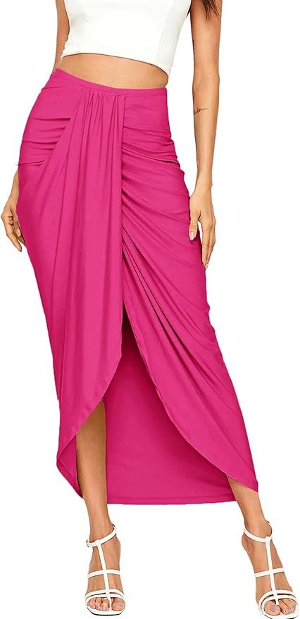 GORGLITTER Women's Slit Ruched Bodycon Maxi Skirt High Waist Side Split Asymmetrical Hem Wrap Lon... | Amazon (US)