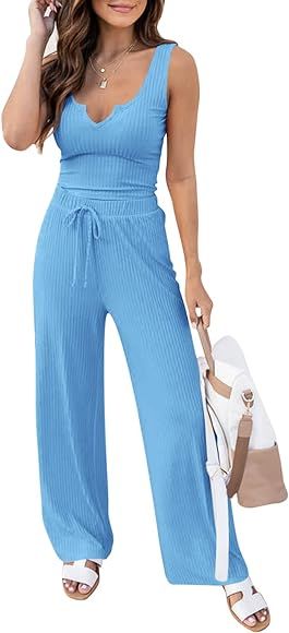 Dellytop Womens 2 Piece Set Workout Ribbed Tank Tops and Wide Leg Pants Lounge Pajamas Set Outfit... | Amazon (US)