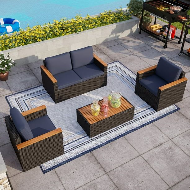 MF Studio 4PCS Rattan Patio Sofa Set Outdoor Conversation Set, Navy Blue | Walmart (US)