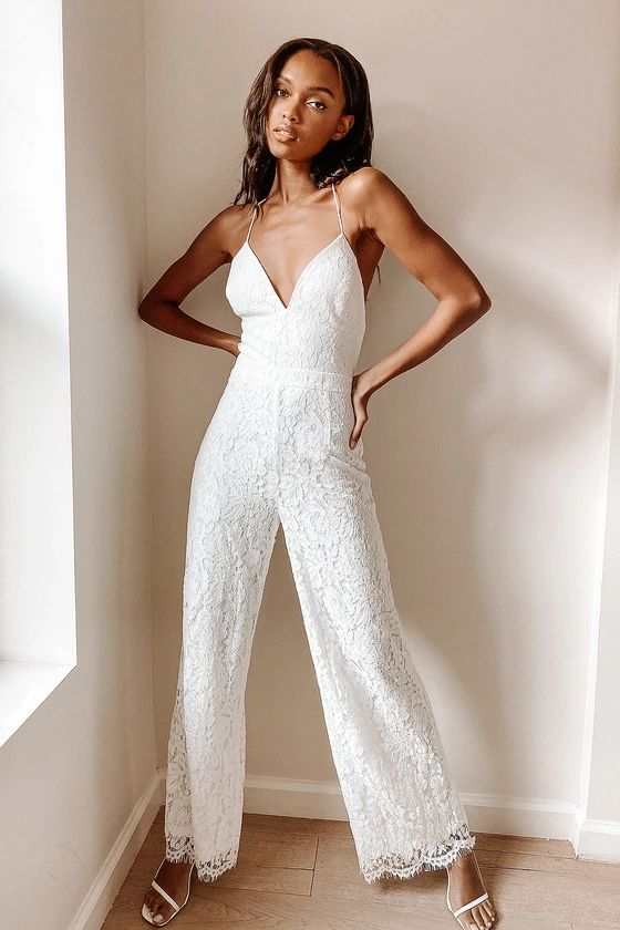 All About Tonight White Lace Wide-Leg Lace-Up Jumpsuit | Lulus (US)