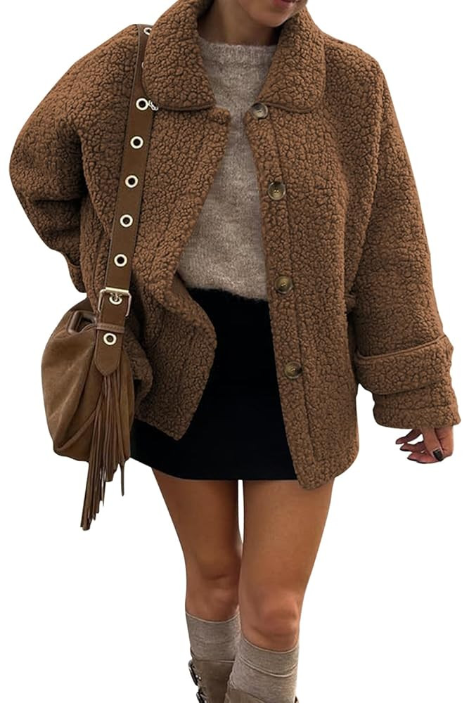 Women's 2025 Fall Winter Coats Lapel Collar Fleece Sherpa Jackets Daily Long Sleeve Coats with Po... | Amazon (US)