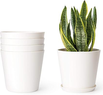Mkono Plastic Planters Indoor Set of 5 Flower Plant Pots Modern Decorative Gardening Pot with Dra... | Amazon (US)