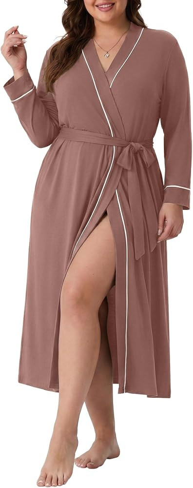 Womens Plus Size Robe Long Knit Bathrobe V Neck Loungewear | Amazon (US)