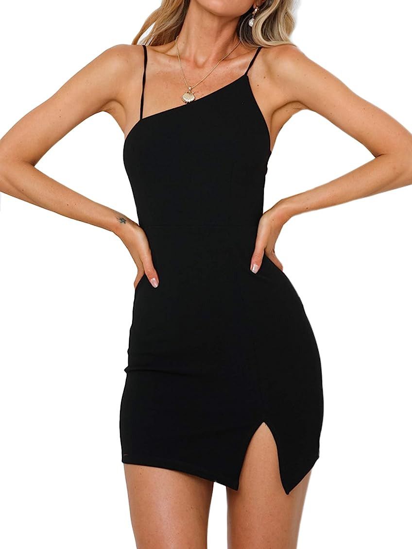 Women's Asymmetric Neckline Bodycon Mini Dress Sexy Split Party Dresses | Amazon (US)