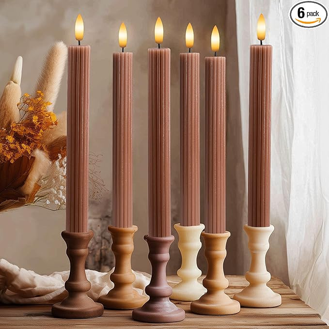6 Pack, 10" LED Flameless Brown Tan Fluted Ribbed Grooved Taper Candles, Remote & 24h Timer Memor... | Amazon (US)