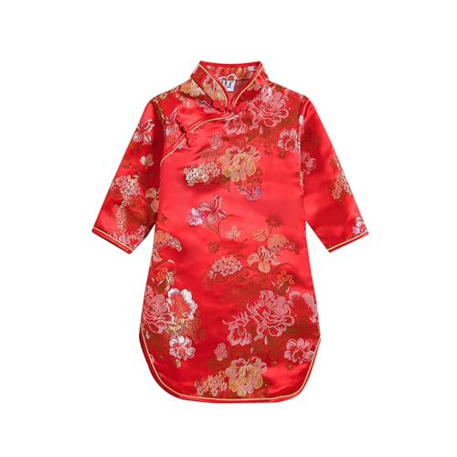 Girls Qipao Peony Long Sleeve Dress Chinese New Year Clothing Chinese Traditional Clothes for Kids Toddler 1-12Y（Red,5-7 Years） | Amazon (US)