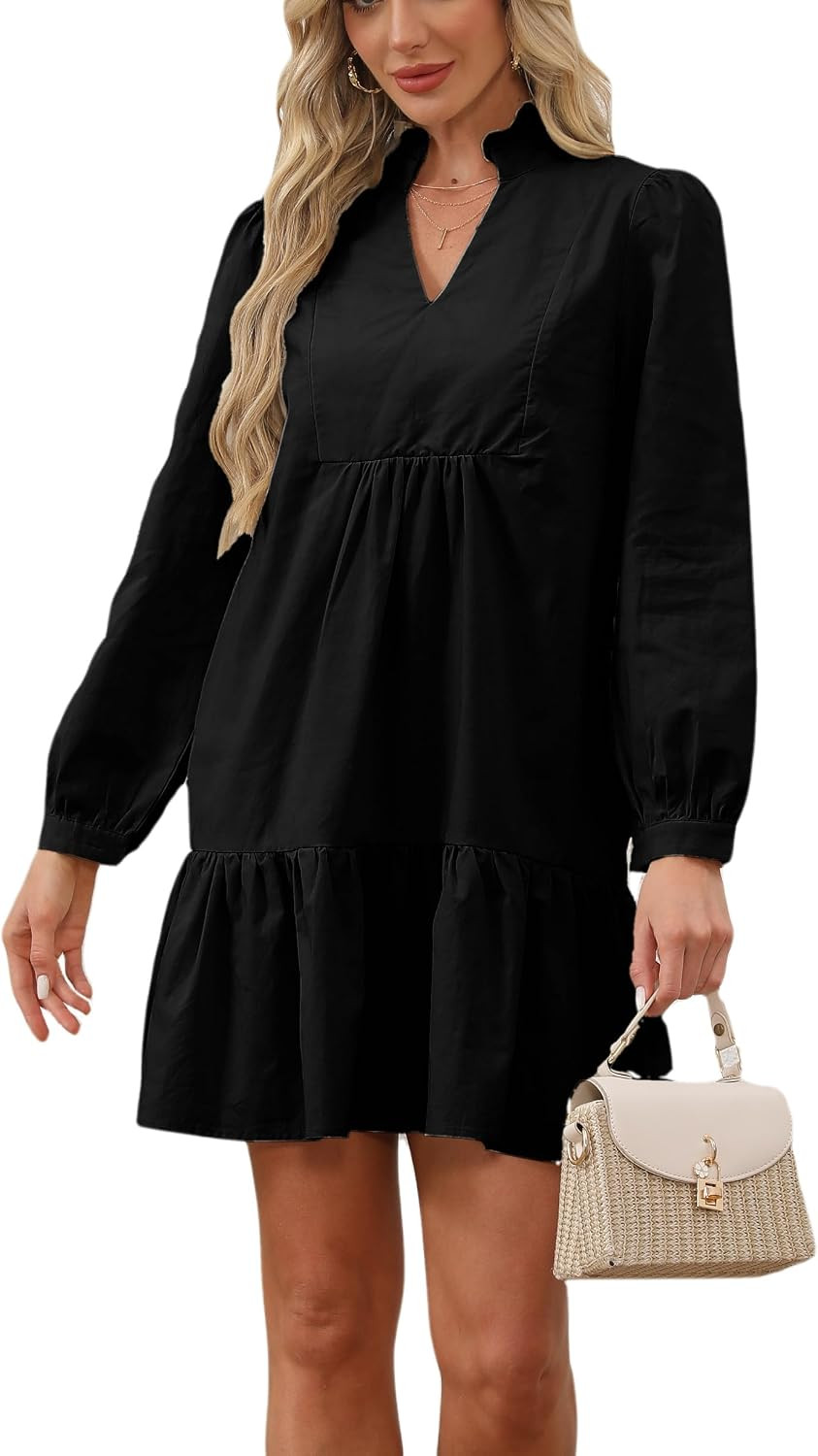 Ladyful Shift Mini Dress Women Long Sleeve Drop Waist Flowy Ruffle Tiered Tunic Dress with Pockets | Amazon (US)