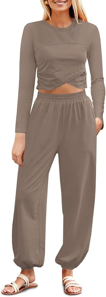 Fisoew Women's 2 Piece Lounge Sets Casual Long Sleeve Crossover Crop Tops Jogger Pants Tracksuits... | Amazon (US)