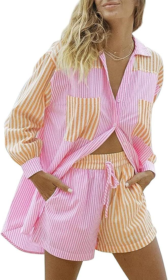 Women’s Casual 2 Piece Outfits Set Loose Fit Tracksuit Oversized Stripe Tops Long Sleeve Collar... | Amazon (US)