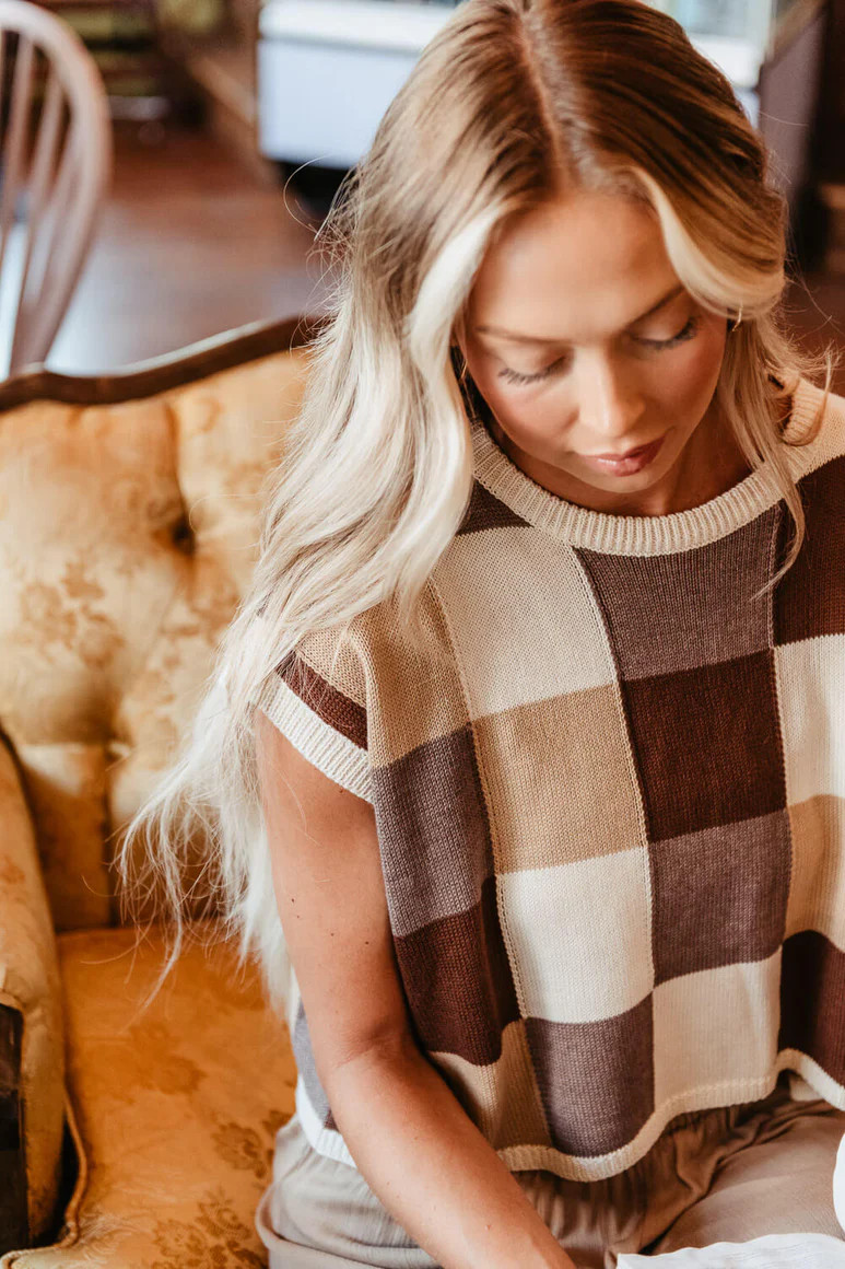 Olivaceous Checkered Colorblock Sweater Vest for Women in Brown | Glik's