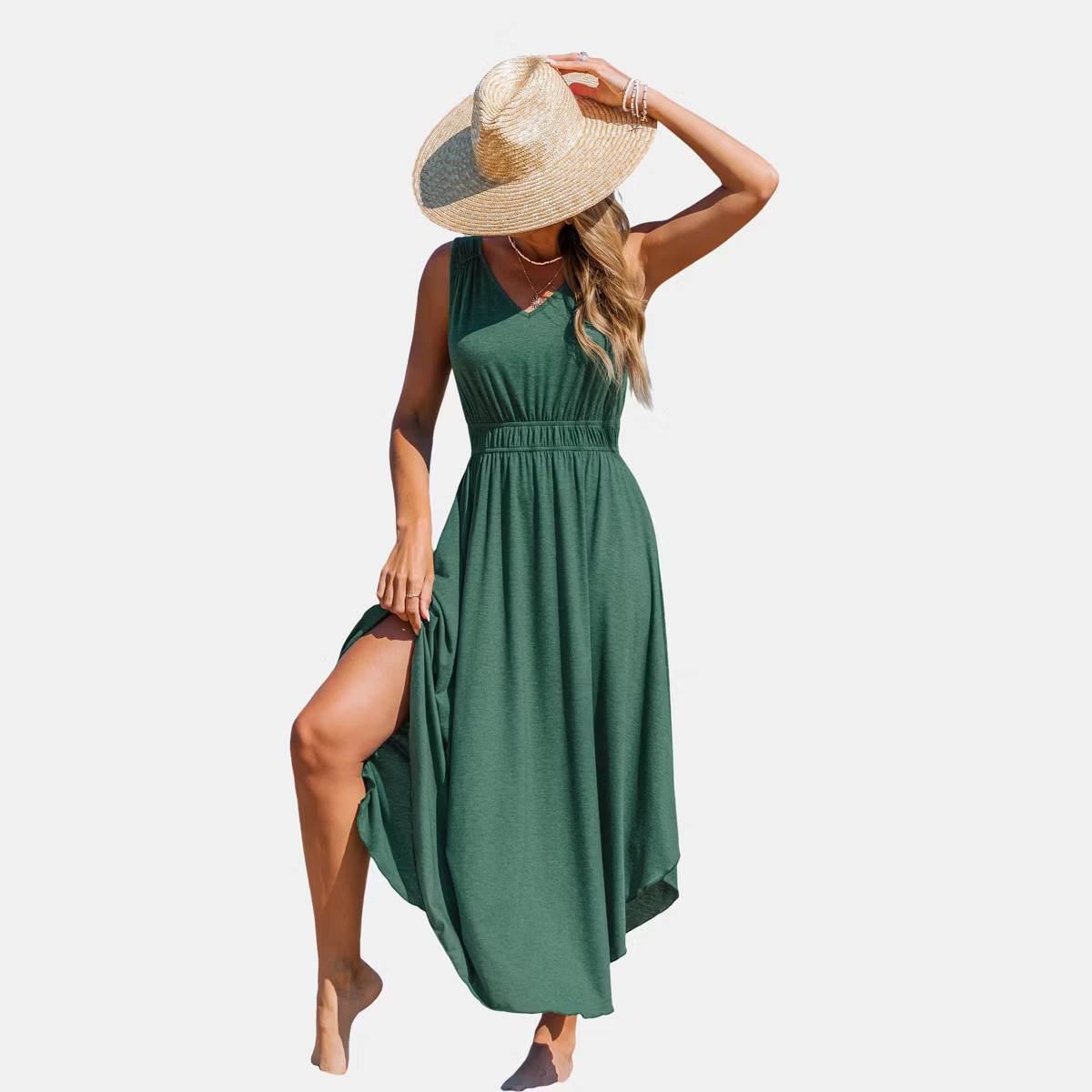 Women's Elegant Sleeveless Ruched Waist Beach Maxi Dress - Cupshe-S-Green | Target
